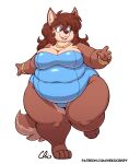  2022 4_toes 5_fingers alpha_channel anthro belly_overhang blue_clothing blue_eyes blue_swimwear bracelet breasts brown_body brown_fur brown_hair brown_nose canid canine canis cleavage clothed clothing colored cute_fangs digital_media_(artwork) domestic_dog feet female fingers fur hair huge_thighs humanoid_hands inner_ear_fluff jewelry looking_aside mammal mary_blissany monotone_hair multicolored_body multicolored_fur navel necklace nekocrispy obese obese_anthro obese_female one-piece_swimsuit open_mouth overweight overweight_anthro overweight_female patreon running shaded signature smile solo standing swimwear text thick_thighs toes tuft two_tone_body two_tone_fur url wide_hips 