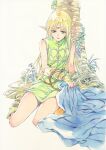  1girl absurdly_long_hair agahari against_tree bangs bare_legs blonde_hair bridal_gauntlets circlet closed_mouth deedlit detached_sleeves dress elf green_dress green_eyes hair_between_eyes highres long_hair pointy_ears record_of_lodoss_war shiny shiny_hair short_dress simple_background sitting sleeveless sleeveless_dress solo straight_hair tree very_long_hair white_background yellow_footwear yellow_sleeves 