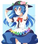 1girl absurdres bangs black_headwear blouse blue_background blue_hair blue_skirt border bow bowtie buttons center_frills closed_mouth cowboy_shot food frills frown fruit hair_between_eyes hands_on_headwear hat highres hinanawi_tenshi leaf long_hair looking_at_viewer peach puffy_short_sleeves puffy_sleeves rainbow_order red_bow red_bowtie red_eyes sasaki_sakiko shirt short_sleeves skirt solo touhou white_border white_shirt 
