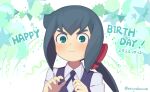  1girl arikindows10 bangs birthday blue_vest bow closed_mouth collared_shirt constanze_amalie_von_braunschbank-albrechtsberger dark_green_hair dated green_background green_eyes hair_bow hands_up happy_birthday little_witch_academia long_hair long_sleeves looking_at_viewer luna_nova_school_uniform multicolored_background ponytail portrait school_uniform shirt solid_eyes solo sweatdrop thick_eyebrows upper_body vest white_background white_shirt 