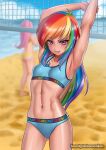  2girls armpits arms_up ball bare_arms beach beachball bikini blue_bikini blue_hair blurry blurry_background breasts collarbone day green_hair groin long_hair looking_at_viewer multicolored_hair multiple_girls my my_little_pony navel ocean orange_hair purple_hair racoon-kun rainbow_dash rainbow_hair red_hair shiny shiny_hair shiny_skin small_breasts solo_focus sports_bikini straight_hair stretching swimsuit very_long_hair volleyball_net watermark 
