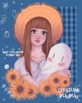  absurdres asano_inio bird blue_background blush brown_hair colored_skin english_text flower hat highres lyuv onodera_punpun oyasumi_punpun shirt simple_background straw_hat sunflower white_shirt white_skin 