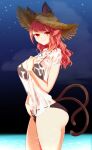  1girl alternate_hairstyle animal_ears bikini black_bikini breasts cat_ears cat_tail hair_down hat highres kaenbyou_rin large_breasts long_hair looking_at_viewer multiple_tails night night_sky ocean pandain pointy_ears red_hair see-through shirt sky smile solo star_(sky) starry_sky straw_hat swimsuit tail touhou two_tails wading water wet wet_clothes wet_shirt 