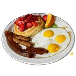  bacon breakfast food food_focus fried_egg fruit no_humans orange_(fruit) orange_slice original pancake pancake_stack plate sausage still_life strawberry studiolg watermark 