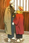  2boys ^_^ adjusting_scarf black_hair chizuko_(chiduk0) closed_eyes coat coat_on_shoulders grin hands_up haori hat japanese_clothes kimono male_focus monkey_d._luffy multiple_boys one_piece sandals scarf short_hair smile stone_floor straw_hat trafalgar_law wide_sleeves wooden_door yellow_scarf 