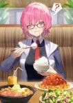  1girl ? bowl chopsticks cup drinking_glass drinking_straw eating egg_(food) fate/grand_order fate_(series) food food_on_face full_mouth glasses hair_over_one_eye highres mash_kyrielight myuzu0711 necktie pasta pink_hair purple_eyes rice rice_bowl salad spaghetti 