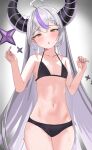  1girl :d bikini black_bikini blush collarbone commentary cowboy_shot flat_chest grey_background grey_hair hands_up highres hololive horns la+_darknesss long_hair nail_polish navel open_mouth pointy_ears purple_hair purple_nails smile solo stomach sweat sweatdrop swimsuit symbol-only_commentary tail very_long_hair virtual_youtuber yellow_eyes youyoukai 