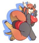  2018 anthro big_butt black_body black_fur black_tail blue_eyes breasts butt claws clothing dogfluid fangs female fur gesture hair hi_res horn leg_markings looking_back mammal markings open_mouth orange_body orange_fur orange_hair orange_tail red_clothing socks_(marking) solo tongue v_sign white_body white_fur wide_hips yellow_body yellow_fur yellow_tail 