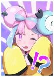  !? 1girl ;d bangs blush border character_hair_ornament commentary_request green_hair hair_ornament hands_up highres iono_(pokemon) jacket long_hair looking_at_viewer multicolored_hair one_eye_closed open_mouth pink_hair pokemon pokemon_(game) pokemon_sv purple_eyes sharp_teeth sleeves_past_fingers sleeves_past_wrists smile solo star-shaped_pupils star_(symbol) symbol-shaped_pupils teeth tetora_u_u tongue two-tone_hair white_border yellow_jacket 