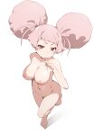  1girl breasts chuatury_panlunch double_bun full_body groin gundam gundam_suisei_no_majo hair_bun hand_up highres holding looking_at_viewer matatabi_(2ccp) medium_breasts navel nipples nude pink_hair red_eyes shadow short_eyebrows simple_background solo standing standing_on_one_leg v-shaped_eyebrows white_background 