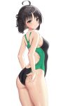  1girl absurdres adjusting_clothes adjusting_swimsuit ahoge ass black_hair black_one-piece_swimsuit breasts competition_swimsuit cowboy_shot from_behind green_eyes highres hitachi_mako looking_at_viewer medium_breasts ncontrail_(mgax7527) one-piece_swimsuit senren_banka short_hair simple_background solo standing swimsuit two-tone_swimsuit white_background 