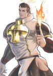  1boy bara black_bodysuit black_hair blurry bodysuit collared_shirt commentary cowboy_shot depth_of_field facial_hair fire flaming_halo highres hip_vent large_pectorals loincloth male_focus mature_male muscular muscular_male open_mouth pectorals pelvic_curtain pointing pointing_up shirt short_hair sideburns solo spiked_hair stubble thick_eyebrows thick_thighs thighs tokyo_afterschool_summoners toshun_(momotoshi) undercut v-shaped_eyebrows white_background yellow_eyes zabaniyya_(housamo) 