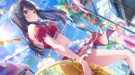  1girl bare_shoulders bikini black_hair blue_eyes blue_sky blush cloud day flower frilled_bikini frills highres holding holding_microphone idol idoly_pride looking_at_viewer microphone nagase_kotono puffy_short_sleeves puffy_sleeves red_flower short_sleeves sky source_request stage sunlight swimsuit white_flower 