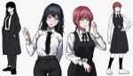  2girls @_@ bangs belt black_hair braid breasts chainsaw_man coat formal hand_on_hip hands_in_pockets highres kneehighs long_hair looking_at_viewer makima_(chainsaw_man) multiple_girls necktie parted_lips pleated_skirt red_hair scar scar_on_face school_uniform simple_background siri_(artist) skirt socks suit white_background yellow_eyes yoru_(chainsaw_man) 