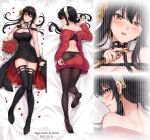  1girl bangs bed_sheet billie_(meng_gong_fang) black_dress black_footwear black_hair black_pantyhose blush boots breasts cleavage closed_mouth collarbone dakimakura_(medium) dress dual_wielding earrings flower from_above full_body hair_between_eyes hair_flower hair_ornament headband holding holding_weapon jewelry large_breasts long_hair looking_at_viewer looking_back lying midriff on_back on_stomach open_mouth panties panties_under_pantyhose pantyhose petals red_eyes red_flower red_rose red_sweater rose rose_petals shiny shiny_hair shiny_skin short_dress shoulder_blades sleeveless sleeveless_dress smile spy_x_family sweater sweater_dress thigh_boots thigh_gap underwear very_long_hair weapon white_headband yellow_flower yor_briar zettai_ryouiki 