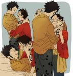 2boys :d ^_^ arm_tattoo black_hair blush chizuko_(chiduk0) closed_eyes couple cuddling grin hand_on_another&#039;s_face hand_on_another&#039;s_hip hand_on_another&#039;s_shoulder hug lying male_focus monkey_d._luffy multiple_boys multiple_views on_back one_piece open_clothes open_shirt red_shirt shirt short_hair simple_background sleeves_rolled_up smile tattoo trafalgar_law yaoi yellow_shirt 