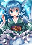  1girl blue_eyes blue_hair bubble drill_hair floral_print frills green_kimono head_fins highres japanese_clothes kimono long_sleeves looking_at_viewer mermaid monster_girl obi ruu_(tksymkw) sash solo touhou wakasagihime wide_sleeves 