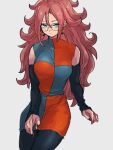  1girl android_21 black_sleeves blue_eyes breasts checkered_clothes checkered_dress detached_sleeves dragon_ball dragon_ball_fighterz dress earrings glasses grey_background hair_between_eyes jewelry kemachiku large_breasts long_hair pantyhose red_hair simple_background solo 