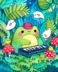  blush closed_mouth ellie_(twitter) fauna frog ghost ghost_tail grass hat highres instrument leaf mushroom no_humans original piano plant red_headwear red_mushroom tadpole tadpole_tail 