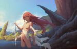  1girl bigrbear blue_sky cloud day dress female_pubic_hair highres holding holding_sword holding_weapon lake long_hair looking_away nature navel original outdoors partially_submerged pubic_hair red_hair red_pubic_hair sky sword torn_clothes torn_dress water weapon white_dress 