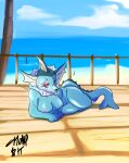  absurd_res anthro beach bedroom_eyes bodily_fluids breasts butt chompingbit eeveelution female fence fin generation_1_pokemon glistening glistening_body half-closed_eyes hi_res looking_at_viewer lying narrowed_eyes nintendo nipples nude on_side palm_tree plant pokemon pokemon_(species) seaside seductive solo sweat sweatdrop tongue tongue_out tree vaporeon video_games 