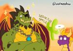  activision anthro comic crossed_arms dragon duo english_text eye_patch eyewear fangs gunnar_(spyro) horn humor jewelry male membrane_(anatomy) membranous_wings muscular necklace scalie smile sparkles spyro spyro_reignited_trilogy spyro_the_dragon text video_games watmeedraw western_dragon wings 