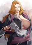  1girl bleach blonde_hair blue_eyes breasts cleavage haori japanese_clothes jewelry large_breasts long_hair looking_at_viewer matsumoto_rangiku mole mole_under_mouth necklace sokuse_kienta sword taichou_haori weapon wide_sleeves 