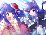  2girls animal_ear_fluff animal_ears bangs bear_ears black_dress blunt_bangs bow breasts cat_ears cat_tail detached_collar dress empty_eyes flower frederica_bernkastel frilled_dress frilled_sleeves frills furudo_erika hair_flower hair_ornament hair_ribbon hazumi_otoya highres hime_cut layered_dress long_hair multiple_girls open_mouth pink_bow pink_dress pink_ribbon puffy_sleeves purple_bow purple_eyes purple_hair red_flower red_rose ribbon rose sidelocks small_breasts tail tail_bow tail_ornament umineko_no_naku_koro_ni wide_sleeves witch 