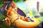  2022 anthro belly bodily_fluids charizard claws detailed_background digital_drawing_(artwork) digital_media_(artwork) dragon drakaar erection feral fire generation_1_pokemon genital_fluids genitals horn male membrane_(anatomy) membranous_wings nintendo nude open_mouth overweight overweight_anthro overweight_male penis pokemon pokemon_(species) presenting reptile scalie sex signature slit smile solo text url video_games wings 