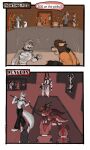  2016 all_fours anthro bdsm biped bound canid cobalt_(tatsuchan18) collar comic cuff_(restraint) detailed_background dialogue english_text female fenrir_(tatsuchan18) fur genitals group hair havoc_(tatsuchan18) hi_res hyaenid lagomorph large_group leash leashed_collar leporid male mammal mink_(tatsuchan18) open_mouth penis rabbit restraints sitting speech_bubble standing tatsuchan18 text text_box wrist_cuffs 