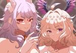  2girls ahoge animal_ear_fluff animal_ears bangs blonde_hair bow closed_mouth cowlick cropped dress enna_alouette ethyria flower fox_ears gloves grey_hair hair_bow hair_flower hair_ornament head_wings katcmanga long_hair looking_at_viewer looking_to_the_side multiple_girls nijisanji nijisanji_en nina_kosaka parted_lips portrait purple_eyes red_eyes short_hair sidelighting smile stage_lights white_dress white_gloves 