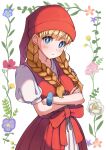  1girl blonde_hair blue_eyes blush bracelet braid bright_pupils closed_mouth crossed_arms dragon_quest dragon_quest_xi highres jewelry long_hair looking_at_viewer neko_(hansinn) puffy_short_sleeves puffy_sleeves short_sleeves solo twin_braids upper_body veronica_(dq11) white_pupils 