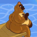  animal_crossing anthro bodily_fluids butt canid canine hairy hi_res inflatingskunk male mammal mature_male nintendo overweight procyonid raccoon raccoon_dog solo sweat tanuki tom_nook_(animal_crossing) video_games 