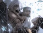  1boy 1girl blue_eyes closed_mouth dress eyepatch father&#039;s_day father_and_daughter flower moreshan muscular nier nier_(old) nier_(series) revision see-through short_hair simple_background smile sword weapon white_background white_dress white_hair yonah 