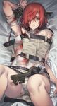  1girl a.b.a absurdres bags_under_eyes bandages blood breasts closed_mouth green_eyes guilty_gear hair_over_one_eye highres key key_in_head looking_at_viewer lying murata_tefu on_back red_hair short_hair solo 