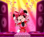  accessory anthro bow_(feature) bow_ribbon breasts clothed clothing disc_jockey disney eyelashes female hair_accessory hair_bow hair_ribbon headphones hi_res lips lipstick lonbluewolf makeup mammal minnie_mouse mouse murid murine ribbons rodent smile solo speaker turntable_(decks) vinyl 