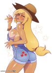 1girl apple applejack artist_name bangs bare_shoulders blonde_hair blue_eyes blush breasts commentary cowboy_hat denim english_commentary fingernails food freckles from_behind fruit hat humanization kajin_(kajinman) large_breasts lips long_hair looking_at_viewer looking_back mole mole_on_breast mole_on_thigh my_little_pony one_eye_closed overalls pink_nails sideboob simple_background smile solo standing star_(symbol) tan white_background 