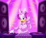  accessory anatid anseriform anthro avian bird bow_(feature) bow_ribbon breasts clothed clothing daisy_duck disc_jockey disney duck feathers female hair_accessory hair_bow hair_ribbon headphones hi_res lonbluewolf open_mouth ribbons solo speaker turntable_(decks) vinyl 