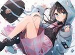  1girl animal_hood bag black_hair black_shirt blue_eyes blush bow digital_media_player earphones eraser heripiro high-waist_skirt highres hood hooded_jacket jacket looking_at_viewer nail_polish open_clothes open_jacket original pen petals shirt skirt solo 