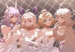  4girls ahoge animal_ear_fluff animal_ears aqua_eyes bangs bare_shoulders blonde_hair blue_eyes bow closed_mouth cowlick dress elbow_gloves enna_alouette ethyria flower fox_ears gloves grey_hair hair_bow hair_flower hair_ornament hairclip head_wings highres jewelry katcmanga locked_arms long_hair looking_at_viewer looking_back millie_parfait multiple_girls nijisanji nijisanji_en nina_kosaka parted_lips purple_eyes red_eyes reimu_endou short_hair sidelighting signature smile stage_lights standing upper_body white_dress white_gloves 