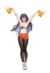  1girl :d absurdres alcohol armpits arms_up bangs bare_arms bare_shoulders beeeeen beer beer_mug blue_eyes blue_hair brand_name_imitation breasts brown_pantyhose character_print cleavage commentary_request commission cup fingernails fire_emblem fire_emblem_awakening foam full_body hair_between_eyes highres holding holding_cup hooters large_breasts logo_parody long_hair looking_at_viewer lucina_(fire_emblem) mismatched_pupils mug open_mouth orange_shorts outstretched_arms pantyhose pixiv_request print_tank_top ribbed_socks shoes short_shorts shorts side_slit side_slit_shorts simple_background smile sneakers socks solo standing symbol-shaped_pupils tank_top teeth tharja_(fire_emblem) tiara transparent_background very_long_hair waitress white_footwear white_socks white_tank_top 