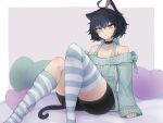  1boy :o ahoge animal_ear_fluff animal_ears bare_shoulders black_choker black_hair black_shorts blue_hair cat_boy cat_ears cat_tail choker commission heart heart_pillow looking_at_viewer male_focus multicolored_hair original otoko_no_ko pillow shorts sitting skeb_commission sleeves_past_wrists slit_pupils solo striped striped_thighhighs tail thighhigh_dangle thighhighs yellow_eyes yonaga_san 