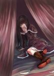  1girl black_hair boots dress fatal_frame feathers full_body gauss_&lt;bokashi haibara_ayako hair_over_one_eye long_hair looking_at_viewer sitting smile solo yellow_eyes 