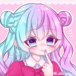  1girl absurdres animal_crossing artist_name bangs blue_hair bow hair_bun heterochromia highres humanization judy_(animal_crossing) lolita_1105_15 multicolored_eyes multicolored_hair personification pink_bow pink_hair pink_shirt purple_hair shirt short_sleeves solo upper_body 