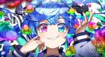  1girl @_@ animal_ears aqua_hair artist_logo bangs black_ribbon blue_eyes blue_hair blue_shirt blurry blurry_foreground commentary dated depth_of_field grin gummy_bear hair_ribbon hand_on_own_face heterochromia highres holding horse_ears horse_girl kagami_(haret46) korean_text long_hair long_sleeves looking_at_viewer octopus portrait purple_eyes ribbon school_uniform sharp_teeth shirt smile solo sparkle teeth tracen_school_uniform twin_turbo_(umamusume) twintails twitter_username umamusume 