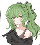  1girl bangs bare_shoulders black_shirt cami_acid_day closed_mouth collarbone commentary cropped_torso english_commentary green_eyes green_hair hair_between_eyes heterochromia honkai_(series) honkai_impact_3rd long_hair looking_at_viewer mobius_(honkai_impact) off_shoulder ponytail shirt simple_background sketch solo upper_body v-shaped_eyebrows white_background 