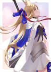  1girl absurdres ahoge artoria_caster_(fate) artoria_caster_(third_ascension)_(fate) artoria_pendragon_(fate) bangs black_gloves blonde_hair blue_ribbon border cape closed_mouth commentary_request crown dress fate/grand_order fate_(series) from_side gloves green_eyes hair_ribbon highres long_hair looking_at_viewer marmyadose_(fate) mini_crown outside_border profile ribbon smile solo twintails very_long_hair white_border white_dress yu_sakae 