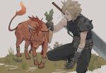  1boy animal armor bandaged_arm bandages bangle belt blonde_hair blue_eyes body_markings bracelet cloud_strife earrings facial_mark feather_hair_ornament feathers final_fantasy final_fantasy_vii final_fantasy_vii_remake flame-tipped_tail flower food full_body gloves grass grey_gloves grey_pants grey_shirt hair_ornament holding holding_food holding_vegetable jewelry looking_at_another male_focus multiple_belts open_mouth orange_fur outdoors pants red_hair red_xiii scar scar_across_eye shillo shirt short_hair shoulder_armor single_bare_shoulder single_earring sleeveless sleeveless_turtleneck spiked_hair squatting suspenders turtleneck twitter_username vegetable 