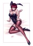  1girl 2dswirl bangs bow bowtie breasts cigarette expressionless fishnets genshin_impact high_heels highres large_breasts looking_at_viewer pale_skin playboy_bunny red_hair rosaria_(genshin_impact) short_hair short_hair_with_long_locks signature smoking thighhighs 
