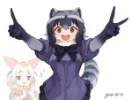  2girls animal_ears black_bow black_bowtie black_gloves black_skirt blonde_hair blue_sweater blush bow bowtie clapping commentary_request common_raccoon_(kemono_friends) elbow_gloves fennec_(kemono_friends) fox_ears fox_girl fur_collar gloves grey_hair highres kemono_friends multicolored_hair multiple_girls noor7 orange_eyes pink_sweater pleated_skirt puffy_short_sleeves puffy_sleeves raccoon_ears raccoon_girl raccoon_tail short_hair short_sleeves skirt sweater tail two-tone_gloves white_fur white_gloves white_hair 